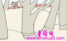 3．没办法，小鹿也只好系上那黑白条的围巾，独自躲在枫树林里，他不想让人看见这条围巾。